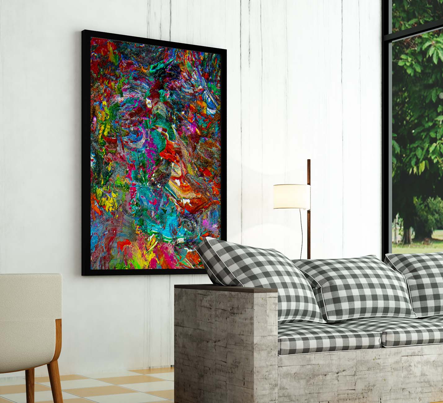 Vid19-72B Abstract Art Set Mixed Media on a living room wall
