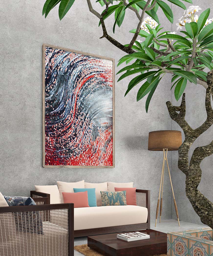 wavefront mixed media art by Doug LaRue on a living room wall