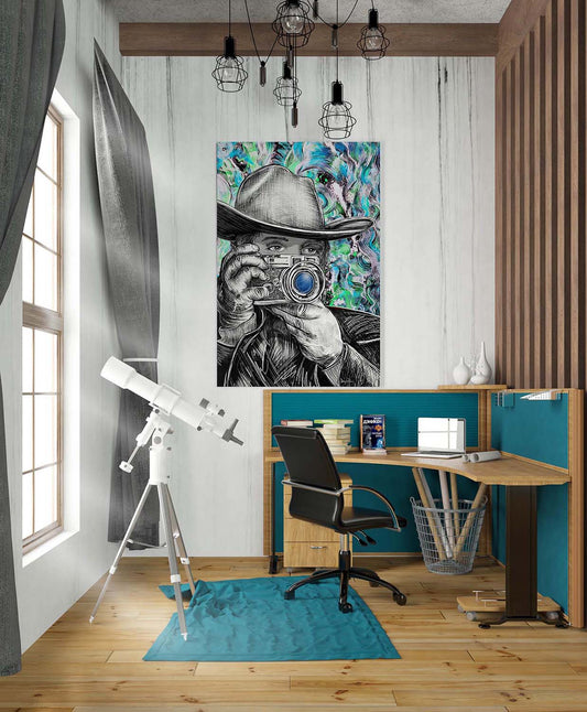 Western Rangefinder artwork print on a wall next to telescope