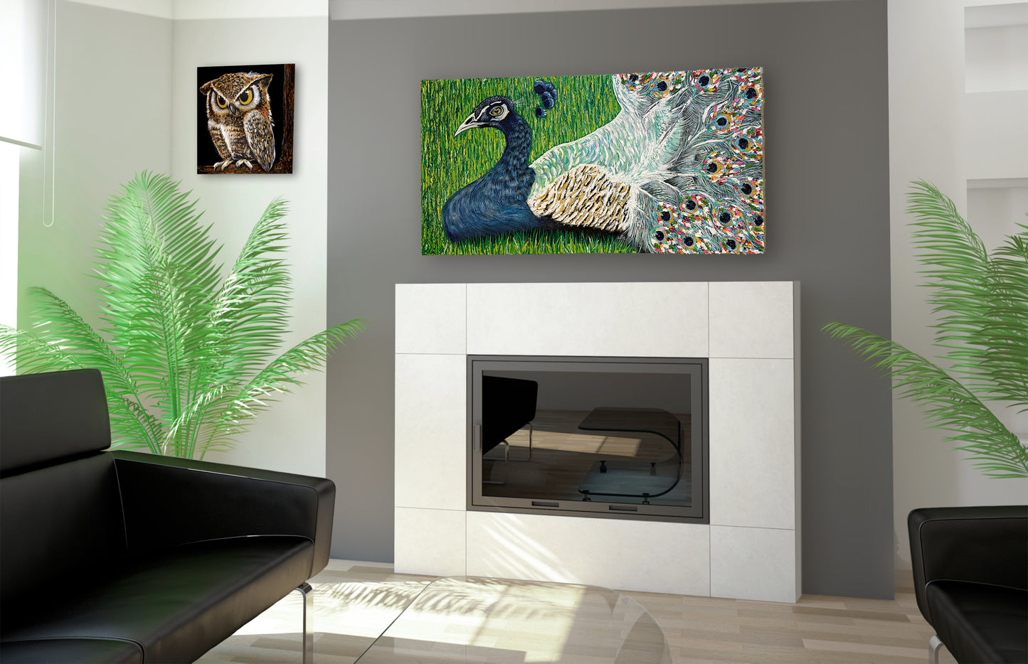 Living room with a fireplace, black sofa, and decorative wall art. Frida Kahlo's Peacock art by Doug LaRue with vibrant tail feathers on a grassy background