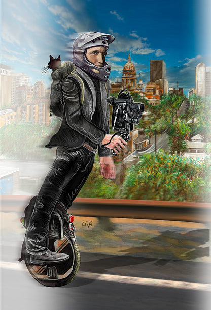 A stylized illustration of a person in black riding gear and a helmet riding a unicycle with a camera, set against a cityscape background with a cat on their shoulder. One Wheel Woody by Doug LaRue
