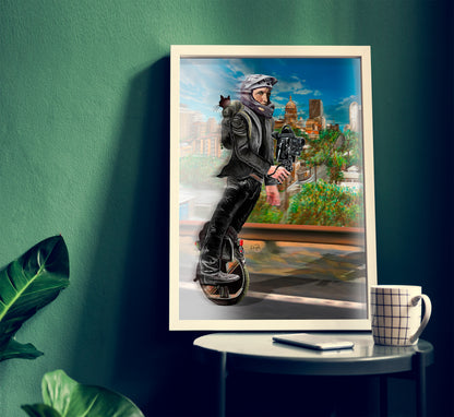 A framed vertical art print featuring a stylized illustration of a person riding a unicycle with a riding in his backpack. One Wheel Woody by Doug LaRue