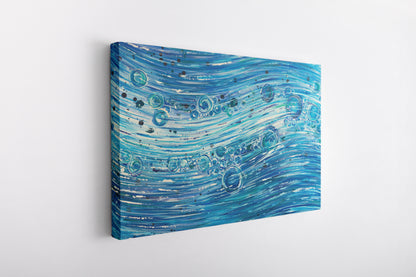 Abstract blue and white painting on a white wall 1420 Water Flow by Doug LaRue