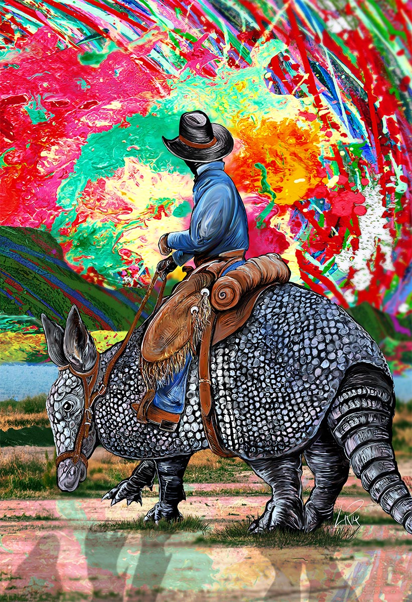 Cosmic Cowboy Sunset mixed media art by Doug LaRue