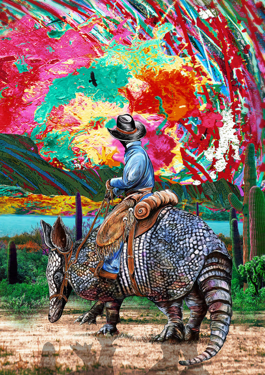 Colorful artwork of a cowboy riding a giant armadillo with a vibrant abstract sunset background
