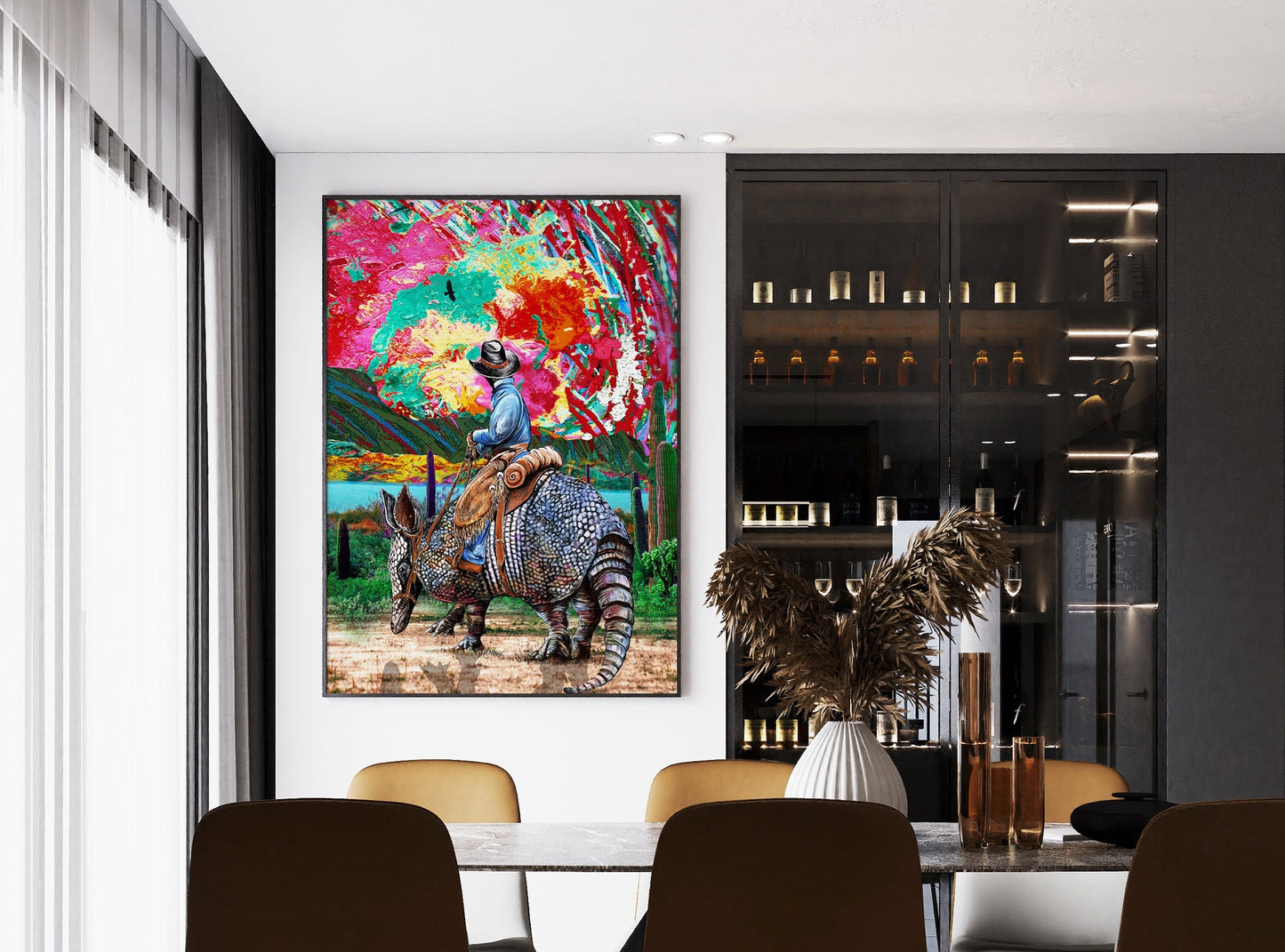 Modern dining room with a colorful abstract painting on the wall. Colorful artwork of a cowboy riding a giant armadillo with a vibrant abstract sunset background. Armadillo Cowboy Sunset by Doug LaRue