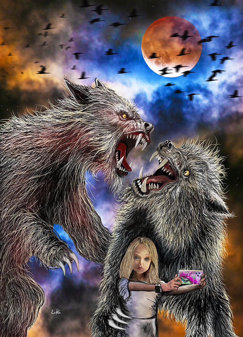 A dramatic fantasy illustration showing two large snarling werewolf bear figures surrounding a young blonde girl who is taking a selfie with a phone. The scene is set against a stormy sky with a large orange-red moon, flying black bird silhouettes, and swirling blue, purple, and orange clouds. Bearwolves by Doug LaRue