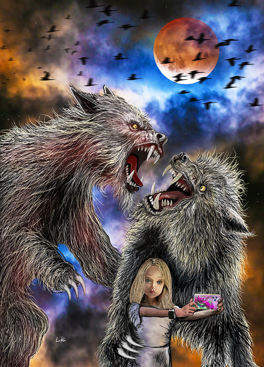 A dramatic fantasy illustration showing two large snarling werewolf bear figures surrounding a young blonde girl who is taking a selfie with a phone. The scene is set against a stormy sky with a large orange-red moon, flying black bird silhouettes, and swirling blue, purple, and orange clouds. Bearwolves by Doug LaRue
