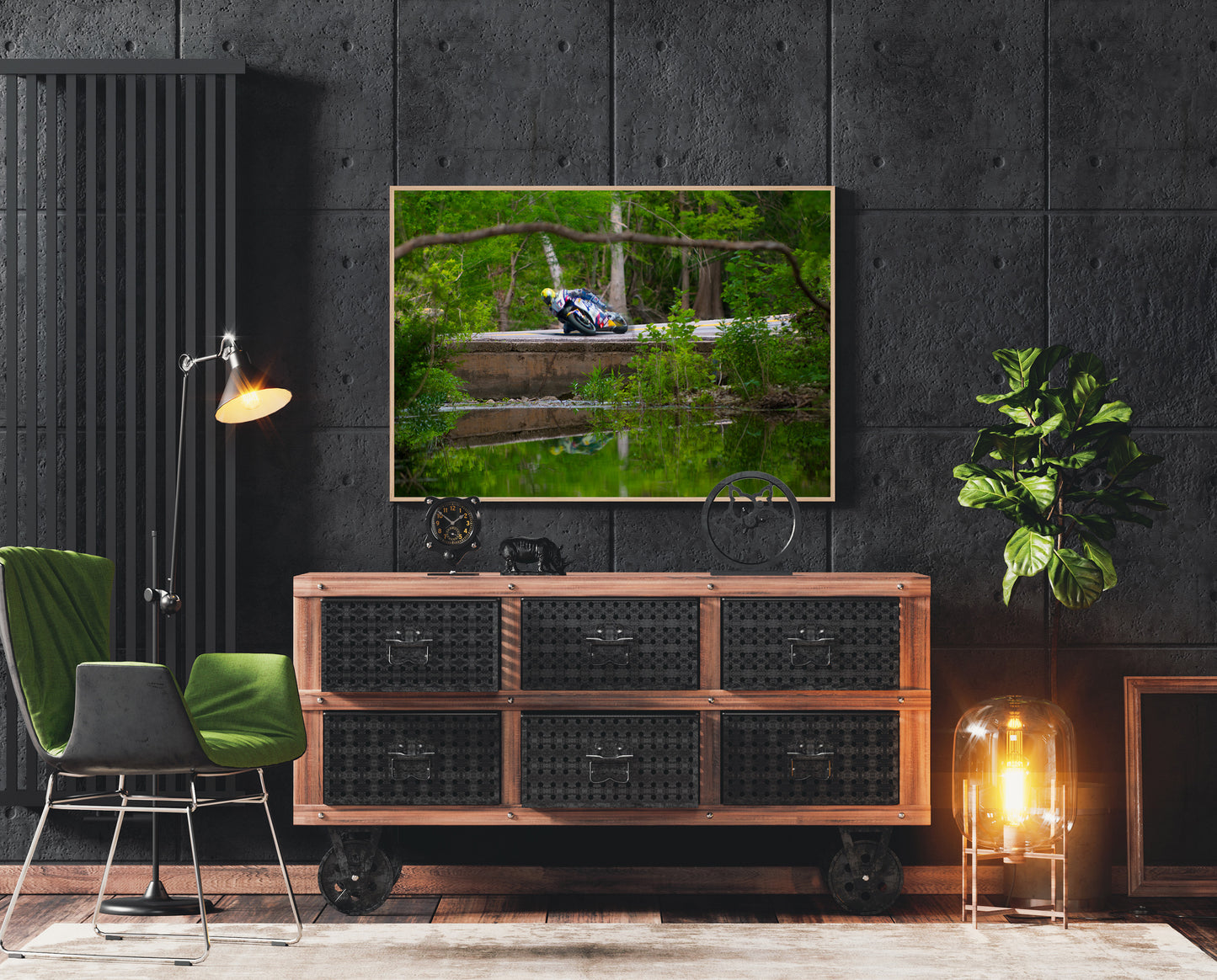 Modern interior with wooden sideboard, green chair, artwork on a dark wall. Creek Bridge GP Motorcycle photograph by Doug LaRue