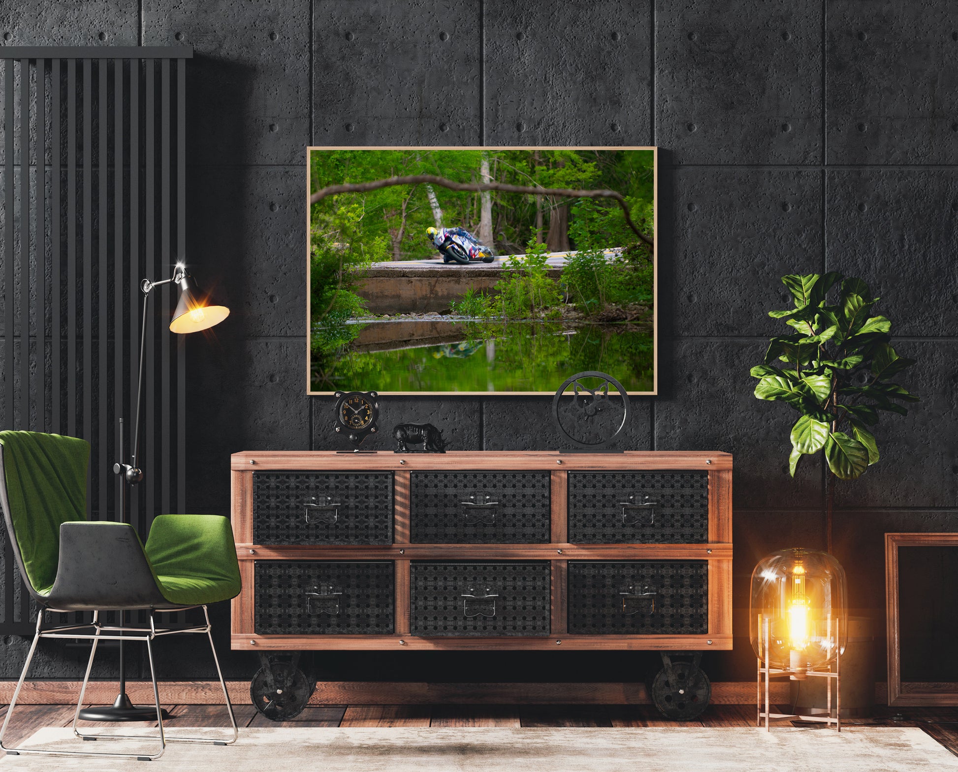 Modern interior with wooden sideboard, green chair, artwork on a dark wall. Creek Bridge GP Motorcycle photograph by Doug LaRue