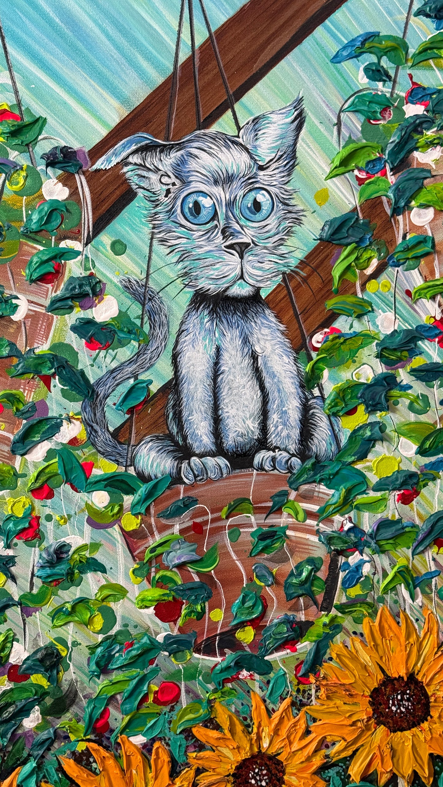 Illustration of a cat sitting on a wooden bench surrounded by flowers and plants. Green House Hang Out by Doug LaRue