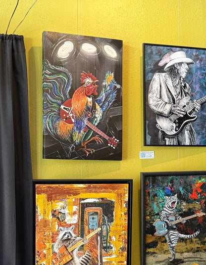 Four colorful paintings on a yellow wall RULING THE ROOSTby Doug LaRue