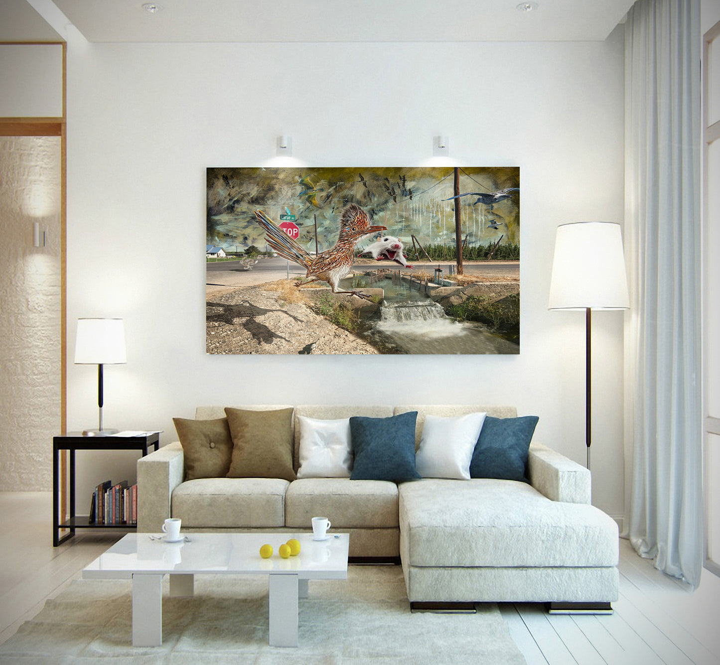 Modern living room with a large abstract painting above a beige sofa. Larue Road Runner by Doug LaRue