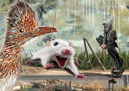 A surreal collage-style artwork showing a large bird on the left, a white mouse mid-leap in the center, and a person in dark clothing standing on a unicycle-like device on the right against a painted outdoor background. 