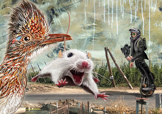 A surreal collage-style artwork showing a large bird on the left, a white mouse mid-leap in the center, and a person in dark clothing standing on a unicycle-like device on the right against a painted outdoor background. 