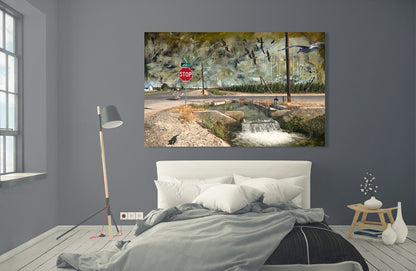 Larue Roadrunner mixed media art by Doug LaRue over bed on a grey wall