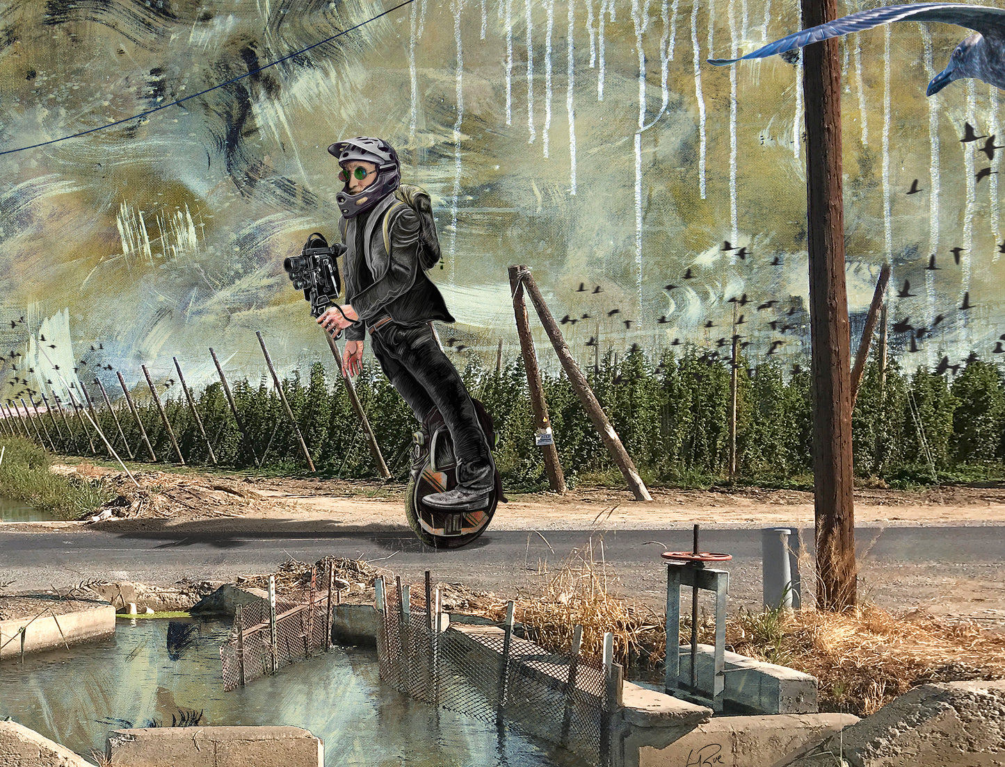 A person in a helmet and dark outfit rides a unicycle along a road, with a surreal painted background featuring trees, birds, utility poles, and a small pond. close up of LaRue Road bye Doug LaRue
