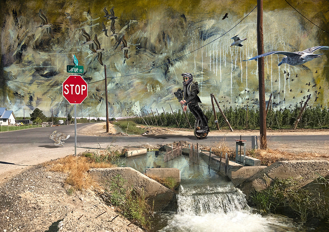 A surreal outdoor scene showing a person in dark clothing standing on a unicycle or e-bike wheel over a small concrete channel with flowing water, beside a stop sign and street intersection. The background is a large painted mural with birds, wires, and abstract textures. LaRue Road bye Doug LaRue