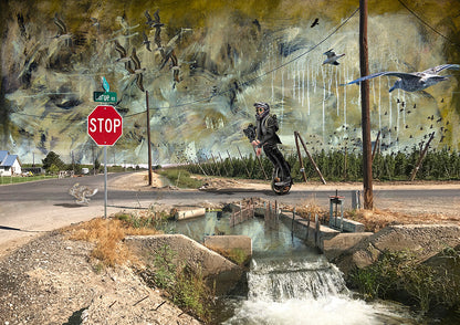 A surreal outdoor scene showing a person in dark clothing standing on a unicycle or e-bike wheel over a small concrete channel with flowing water, beside a stop sign and street intersection. The background is a large painted mural with birds, wires, and abstract textures. LaRue Road bye Doug LaRue