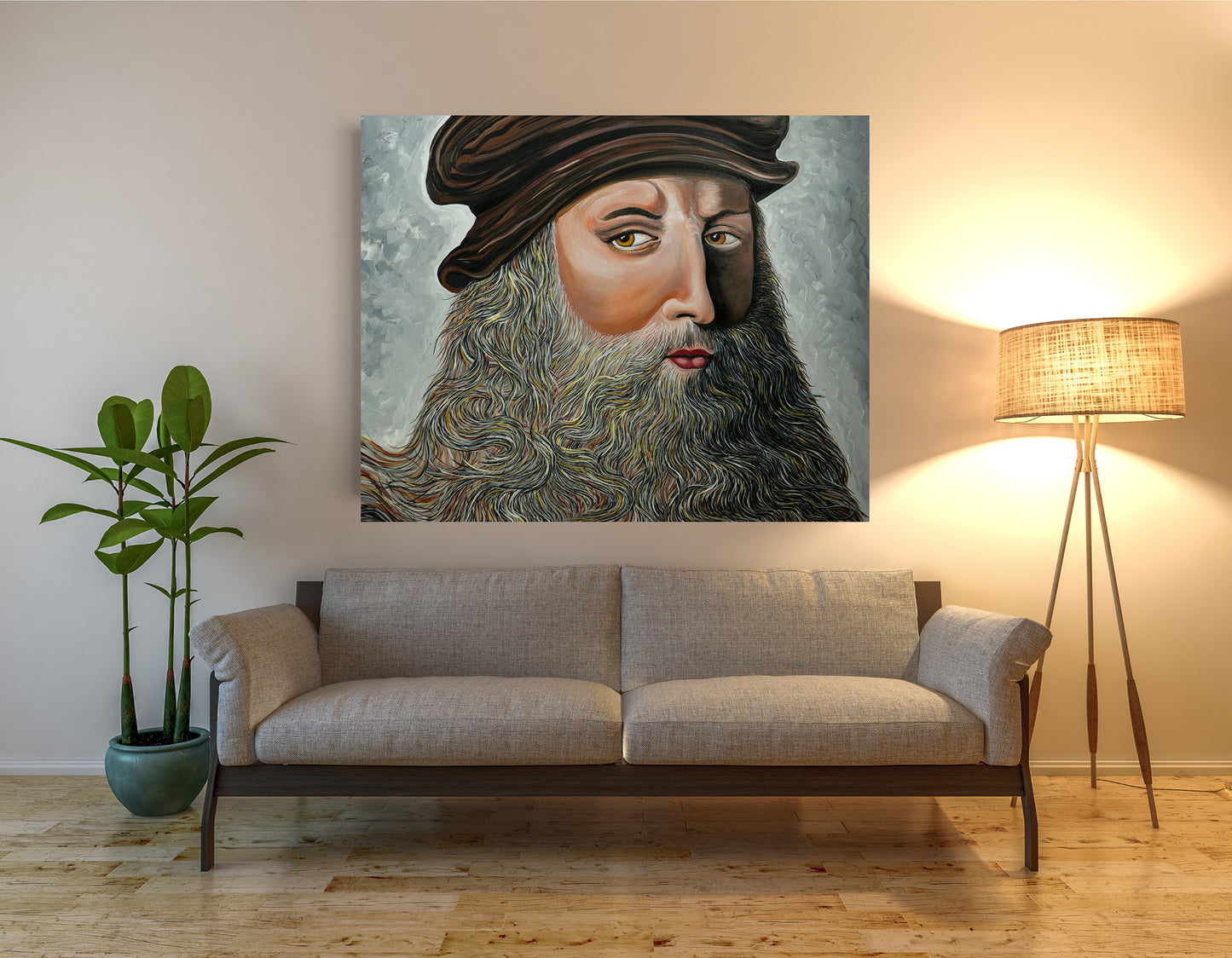 Room interior with a painting of Leonardo Da Vinci y Doug La Rue on the wall above a sofa.