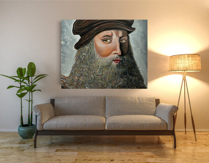 Room interior with a painting of Leonardo Da Vinci y Doug La Rue on the wall above a sofa.