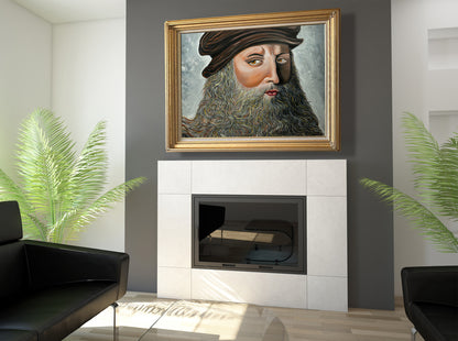 Framed portrait above a white fireplace with black furniture and plants. Leonardo Da Vinci y Doug La Rue