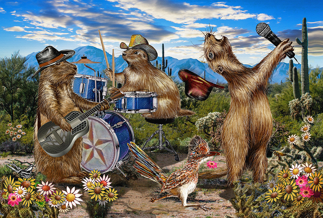 Three prairie dogs playing music in a desert setting with cacti and flowers. The Prairie Dogs live by Doug LaRue