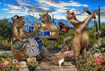 Three prairie dogs playing music in a desert setting with cacti and flowers. The Prairie Dogs live by Doug LaRue