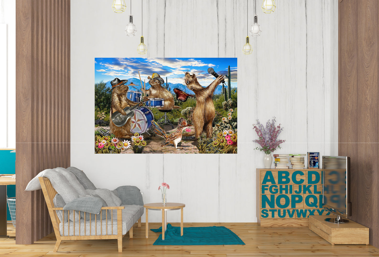 Living room with a large wall art of Prairie Dogs playing instruments in a desert setting. The Prairie Dogs live by Doug LaRue