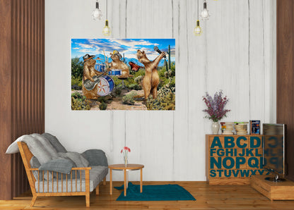 Living room with a wall art of the Prairie Dogs playing instruments, a chair, and a shelf with decorative items. The Prairie Dogs live in West Texas