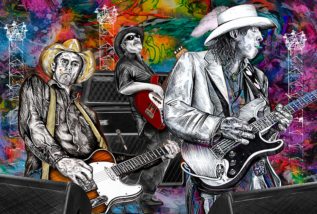 Artistic depiction of musicians playing guitars with a colorful, abstract background.  Slim, Red and Stevie Ray by Doug LaRue