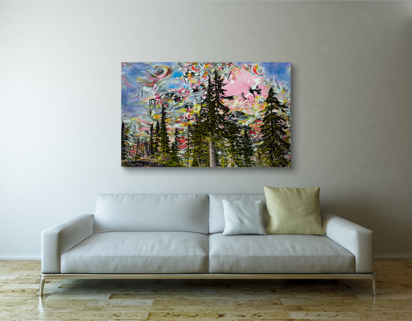 Colorful abstract painting on a wall above a white sofa with a wooden floor. Verona Forest abstract painting by Doug LaRue