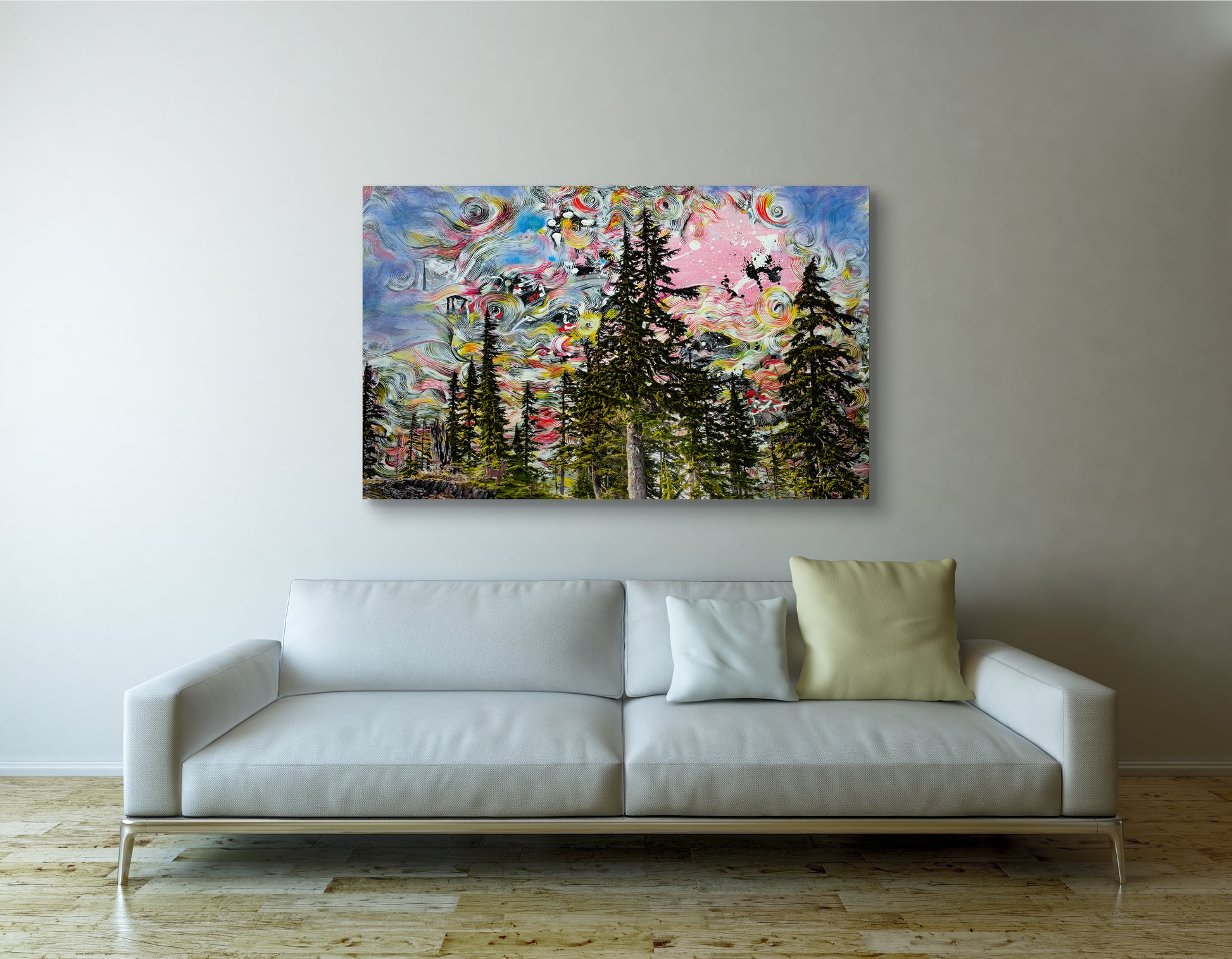 Colorful abstract painting on a wall above a white sofa with a wooden floor. Verona Forest abstract painting by Doug LaRue
