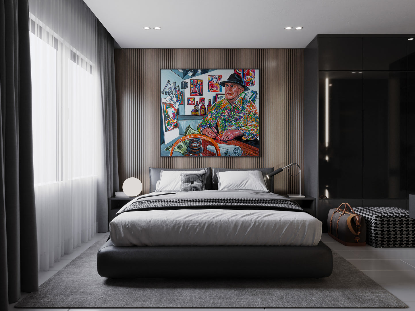 Modern bedroom with a bed, artwork on the wall, Warren Cullar portrait by Doug LaRue and a suitcase.