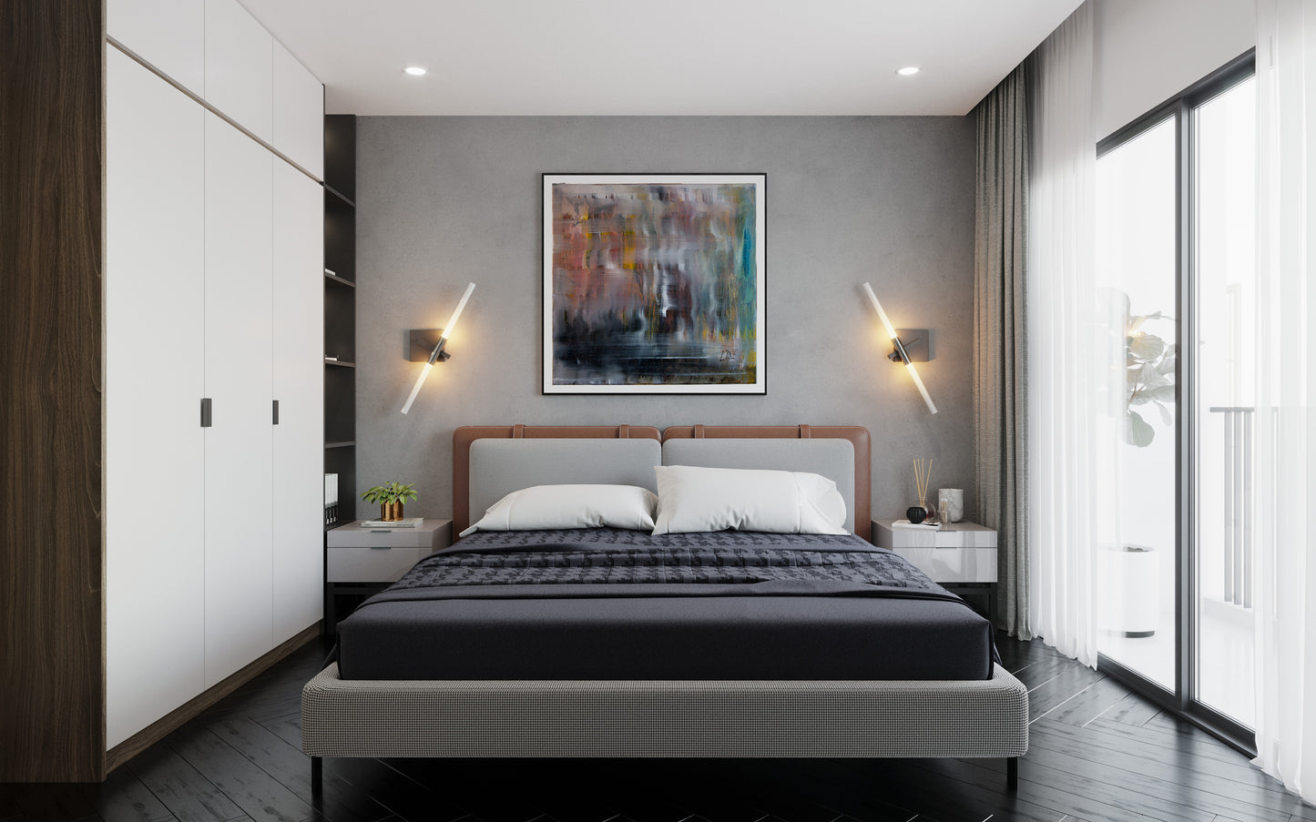 Modern bedroom with a bed, artwork on the wall, and large windows. Abstract Sq. Foot by Doug LaRue