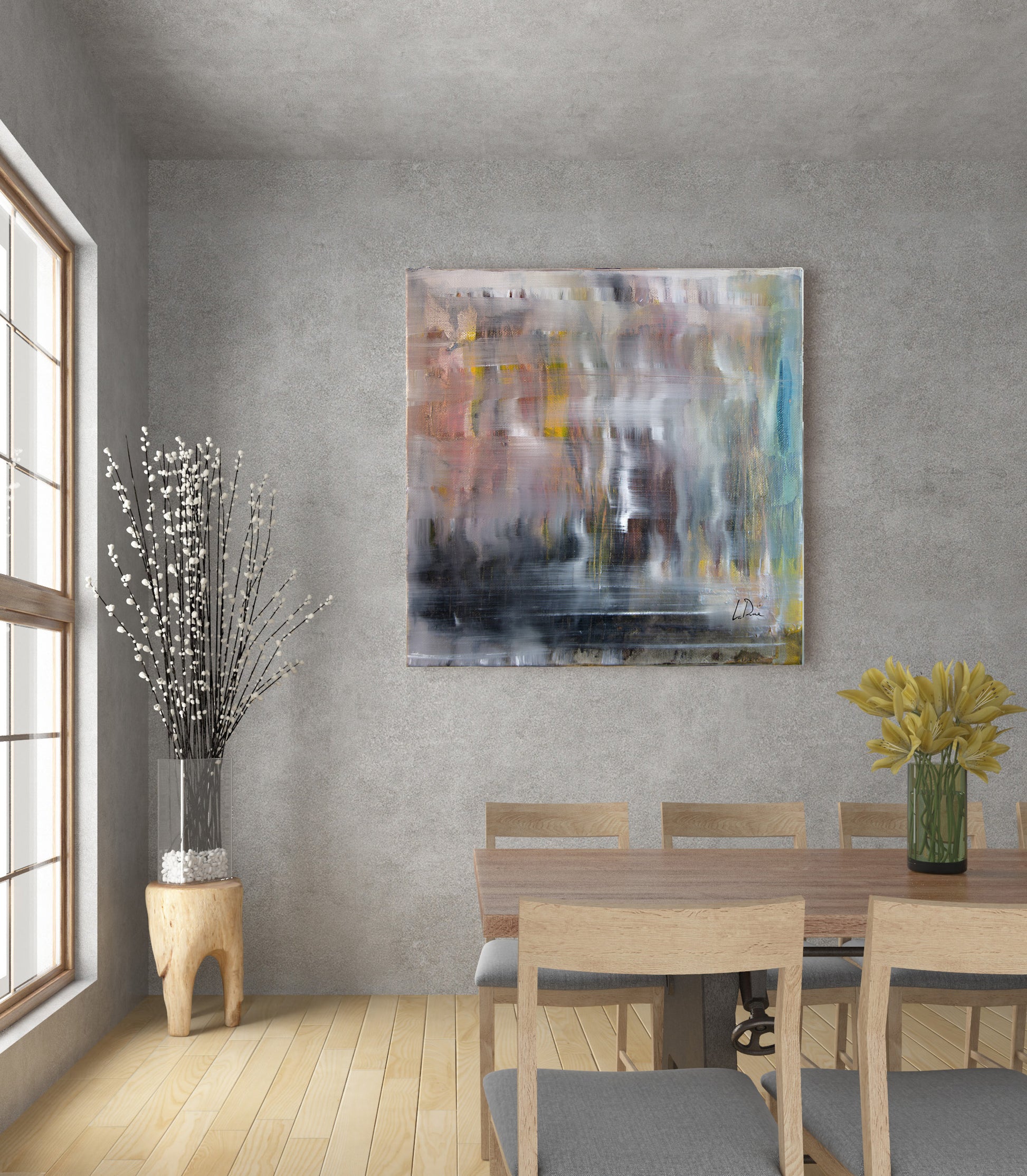 Dining room with abstract painting on the wall, table, chairs, and decorative plants. Abstract Sq. Foot by Doug LaRue