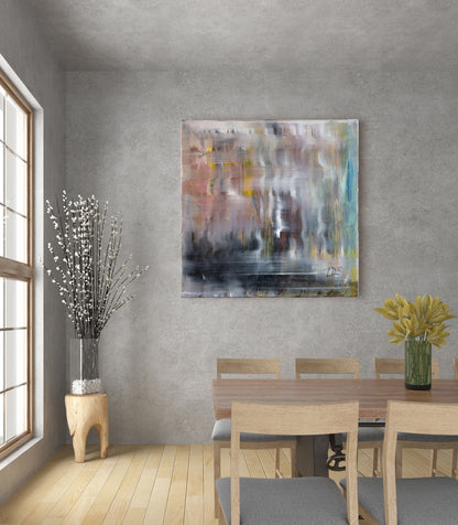 Dining room with abstract painting on the wall, table, chairs, and decorative plants. Abstract Sq. Foot by Doug LaRue