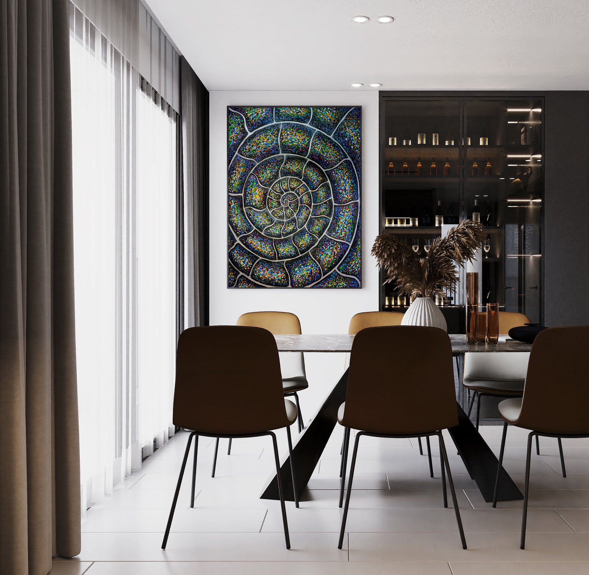 Silver Nautilus Ammonite painting on a dining room wall