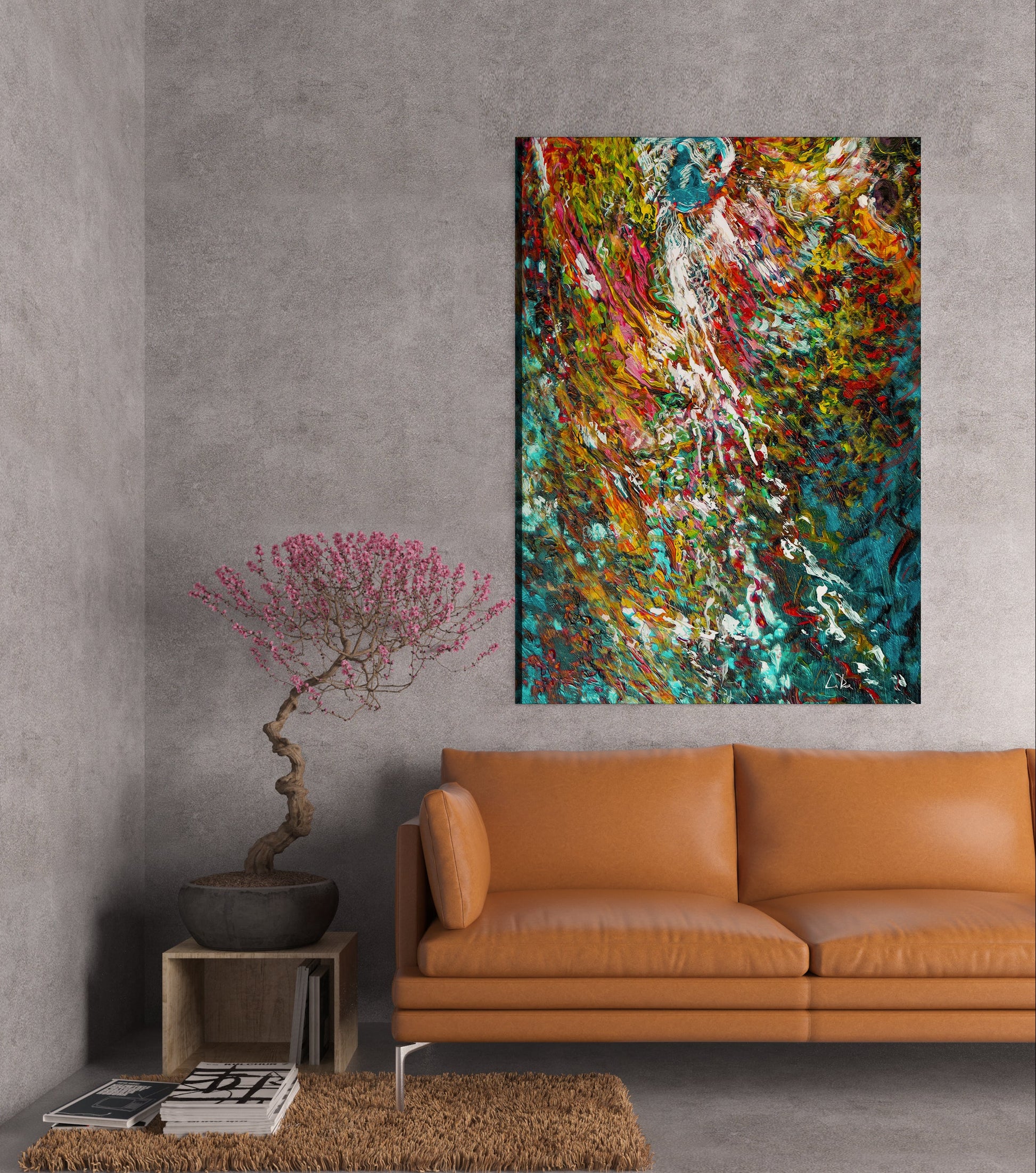 Modern living room with a brown leather sofa, abstract painting called Angel's Eyeline by Doug LaRue