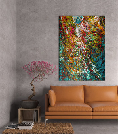 Modern living room with a brown leather sofa, abstract painting called Angel's Eyeline by Doug LaRue
