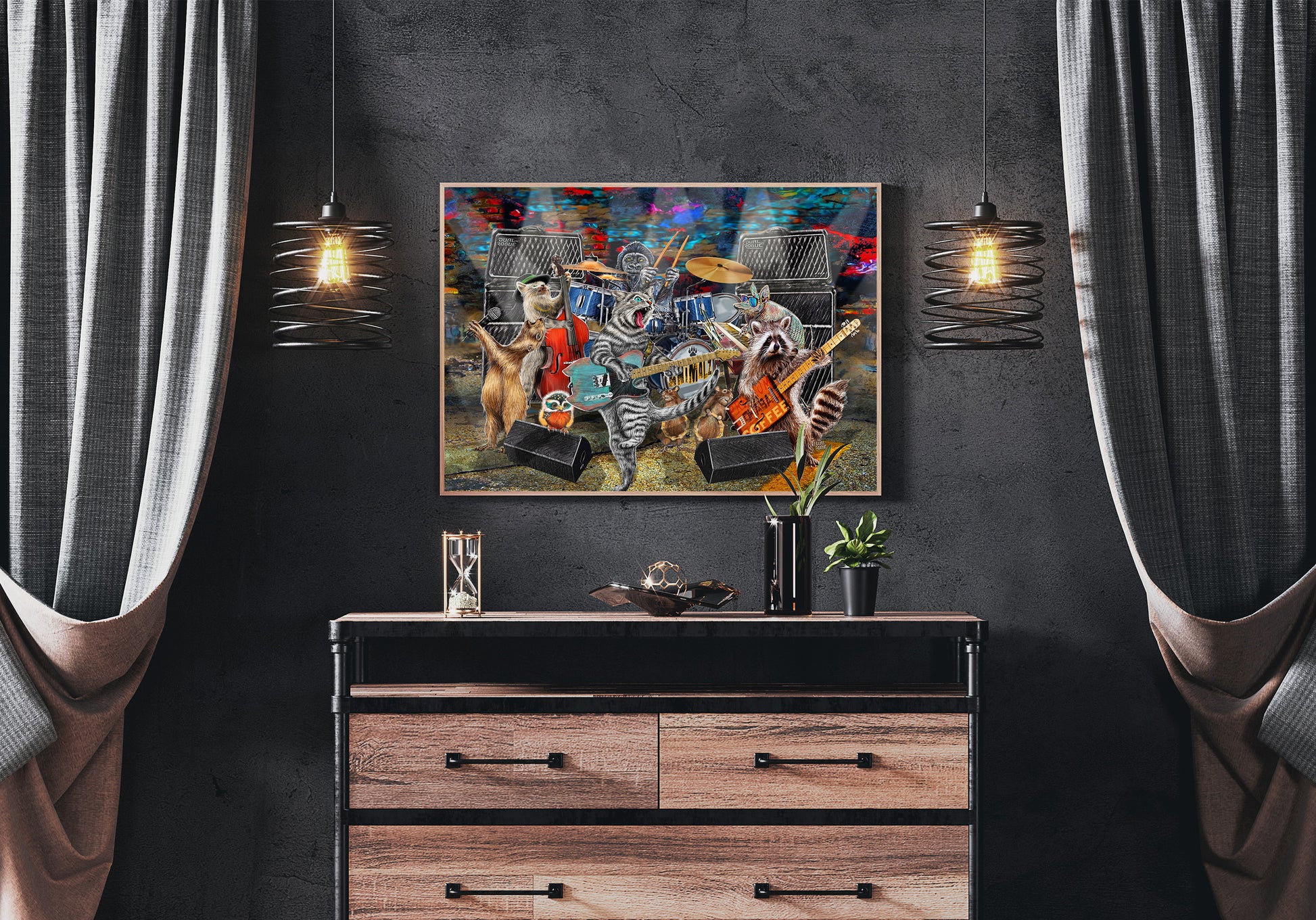 Dresser with a colorful painting on a dark wall. The Animalz Band by Doug LaRue