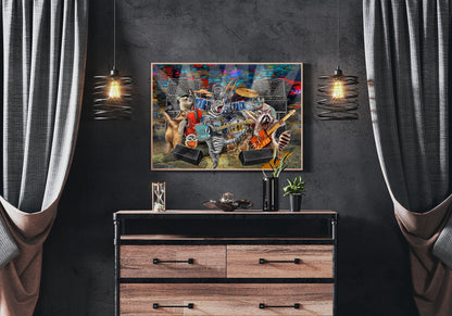 Dresser with a colorful painting on a dark wall. The Animalz Band by Doug LaRue