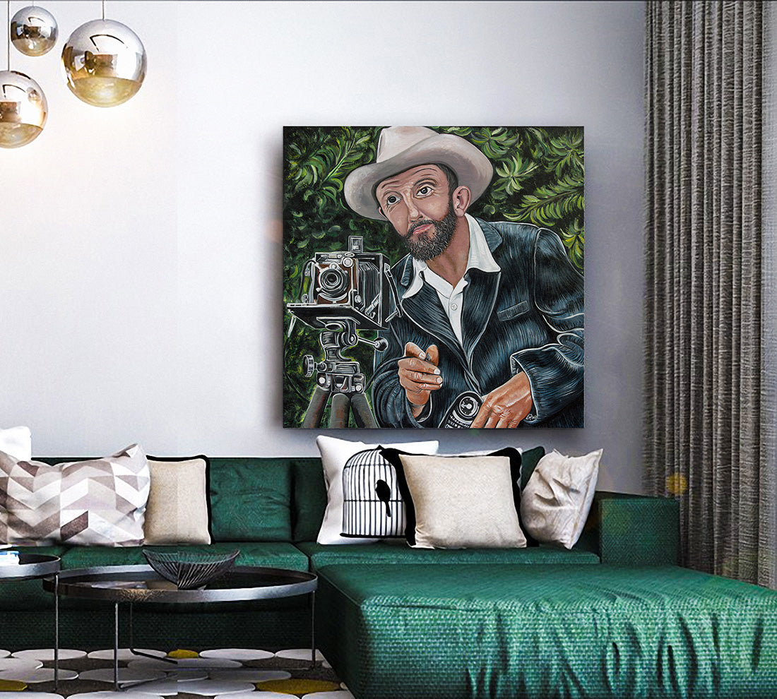 Ansel Adams portrait oil on canvas on livingroom wall