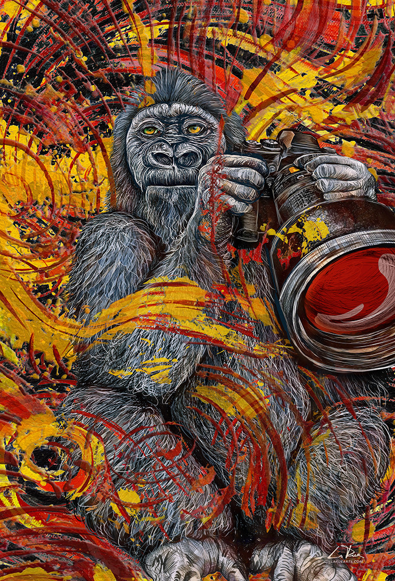 A colorful painted artwork of a gorilla holding a paint can, with expressive brushstrokes in yellow, red, orange, black, and gray filling the frame.