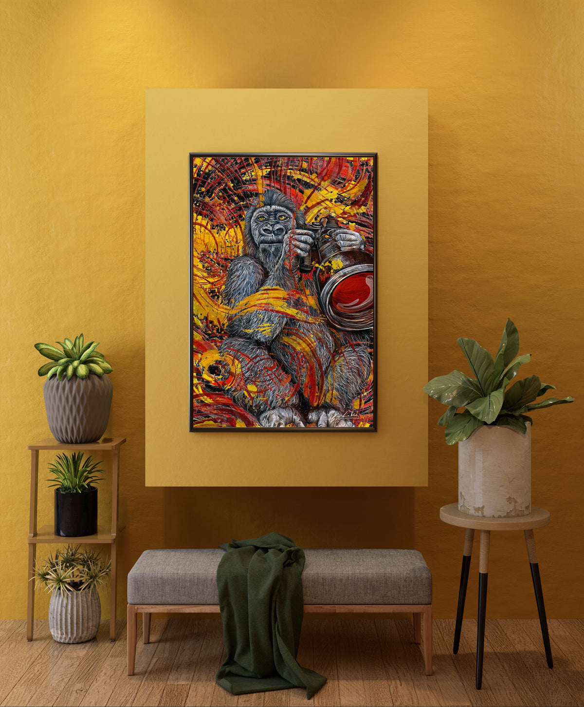 A colorful framed abstract painting hangs on a mustard yellow wall above a gray bench, with potted plants on both sides in a styled interior setting. Nature Photographer by Doug LaRue