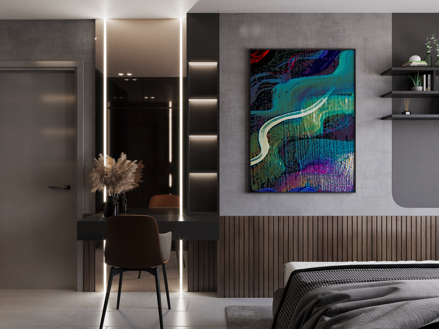 Modern bedroom interior with a colorful abstract painting on the wall. Aquatic Feather by Doug LaRue