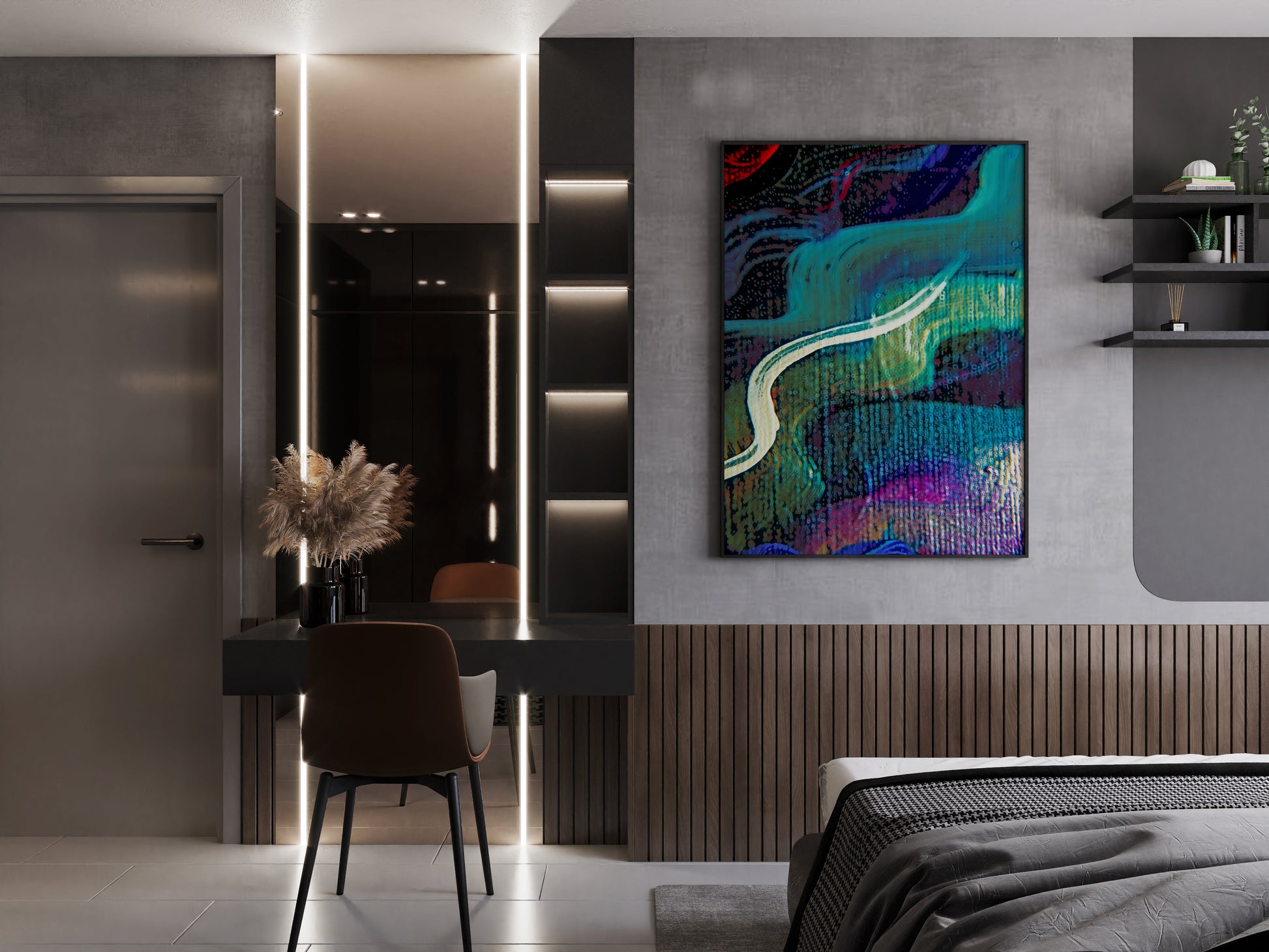 Modern bedroom interior with a colorful abstract painting on the wall. Aquatic Feather by Doug LaRue