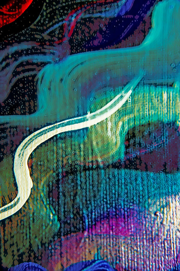 Abstract textured painting with swirling layers of teal, turquoise, purple, magenta, black, and white brushstrokes. Lost Creek Feather art by Doug LaRue