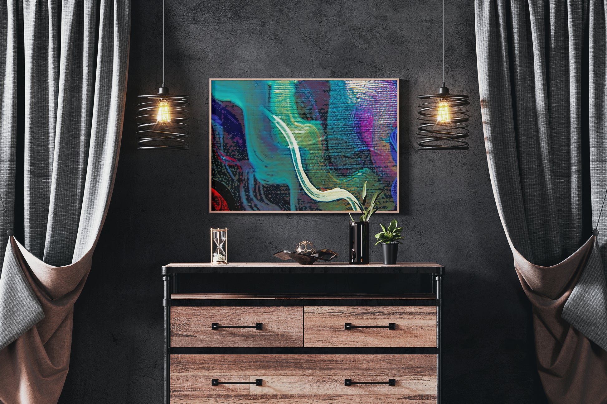 Modern interior with a dresser, colorful abstract painting, and hanging lights. Aquatic Feather art by Doug LaRue