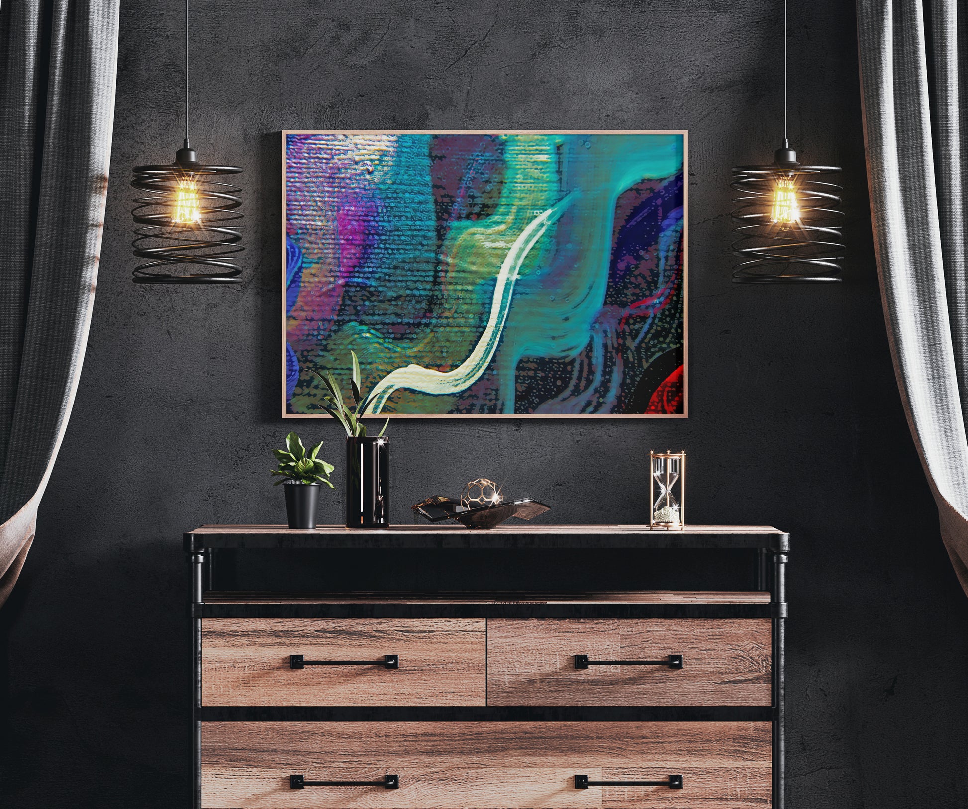 Abstract colorful wall art hanging above a wooden dresser in a dark modern room with two pendant lights and curtains. Lost Creek Feather art by Doug LaRue